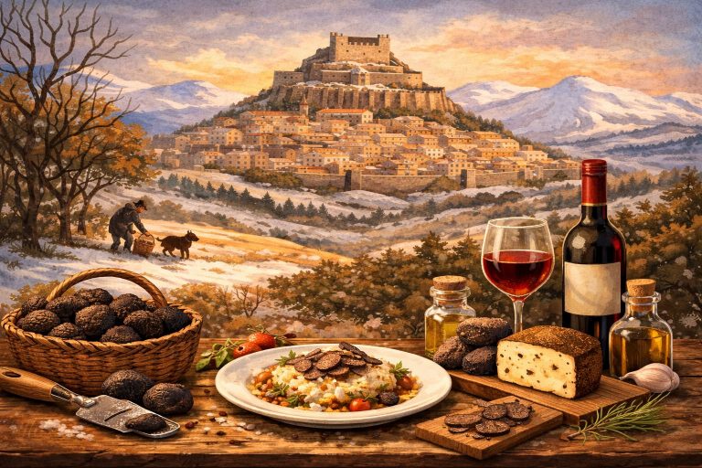 Ilustración de la temporada de la trufa en Morella y los Puertos de Morella con paisaje invernal y gastronomía local