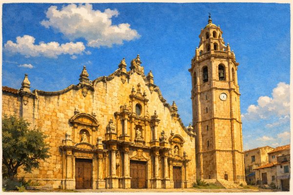 Ilustración artística de la Iglesia de San Juan Bautista de Alcalà de Xivert, fachada barroca y campanario bajo cielo azul