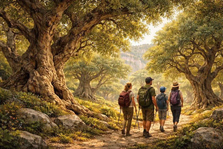 Ilustración artística del bosque monumental del Barranco dels Horts en Ares del Maestrat, con senderos entre árboles centenarios