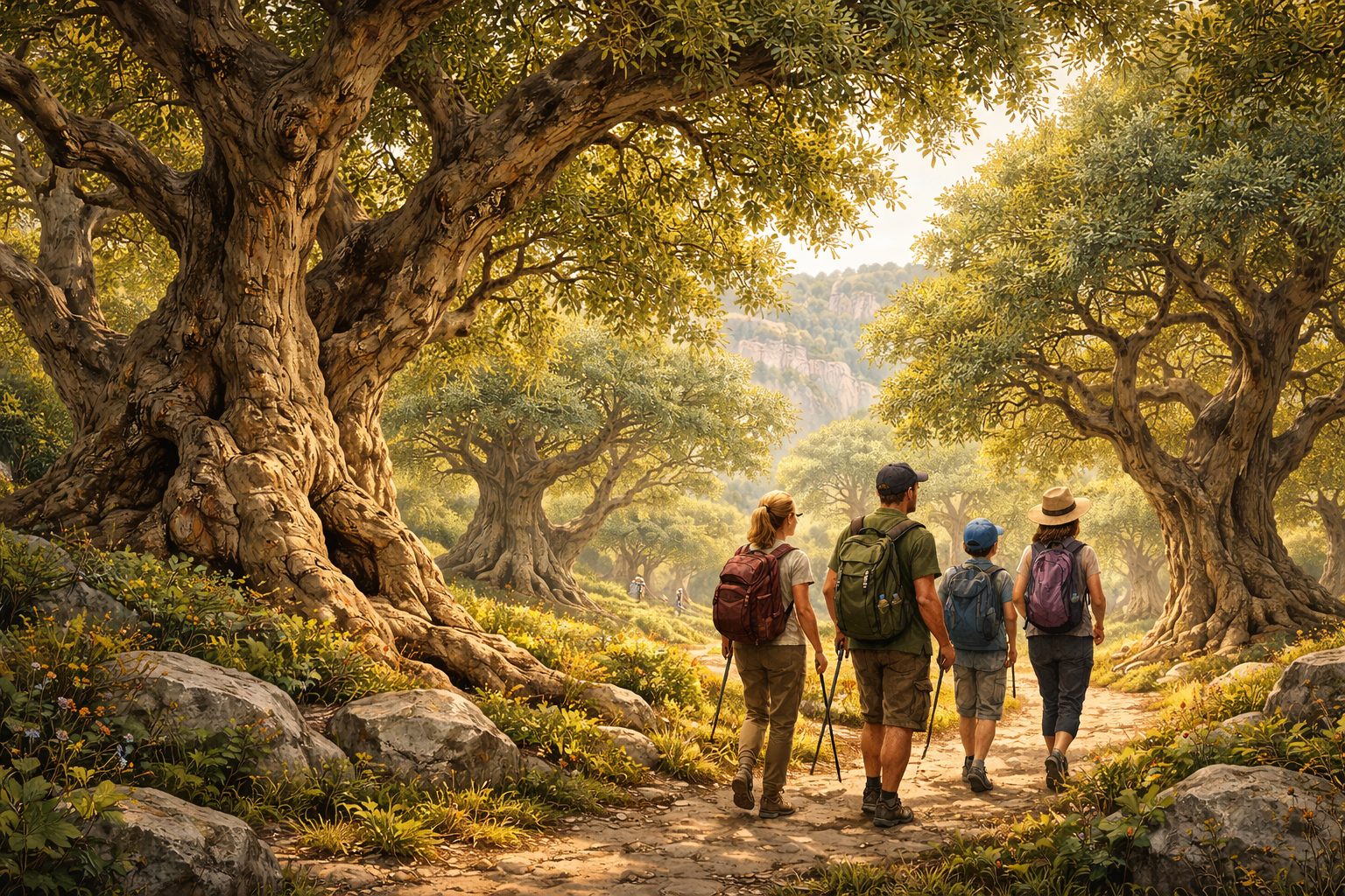 Ilustración artística del bosque monumental del Barranco dels Horts en Ares del Maestrat, con senderos entre árboles centenarios