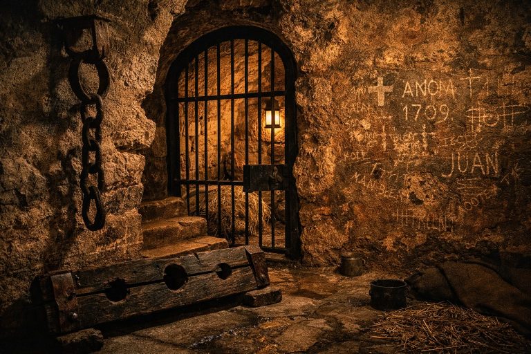 Ilustración de Calabozo histórico con grafitis en muro de piedra y cepo de madera