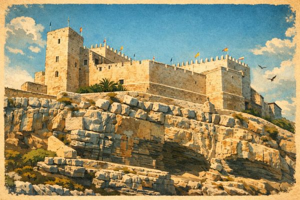 Ilustración del Castillo de Peñíscola sobre el acantilado rocoso