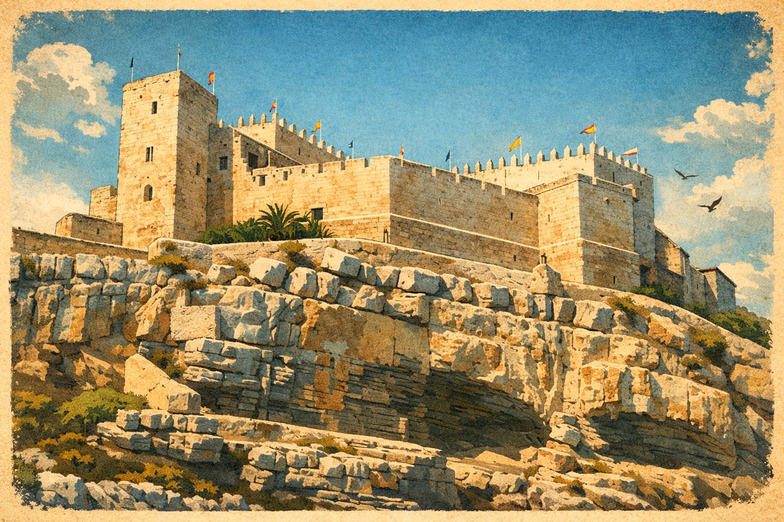 Ilustración del Castillo de Peñíscola sobre el acantilado rocoso