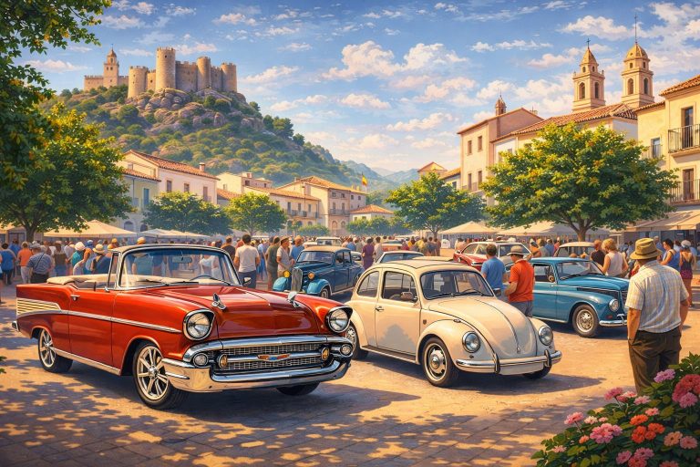 Ilustración de concentración de vehículos clásicos en Alcalà de Xivert con coches antiguos y el Castillo de Xivert al fondo