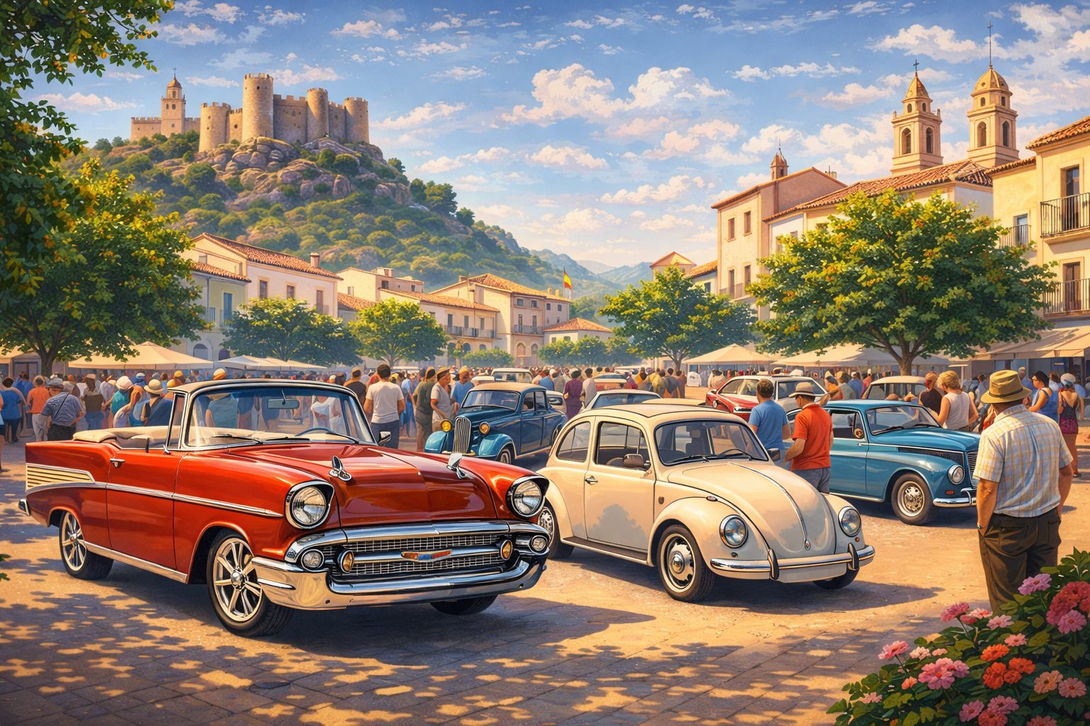 Ilustración de concentración de vehículos clásicos en Alcalà de Xivert con coches antiguos y el Castillo de Xivert al fondo