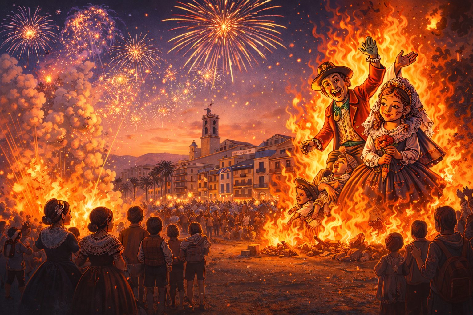 Ilustración artística de la Cremà en las Fallas de Benicarló 2026 con monumento fallero ardiendo y fuegos artificiales