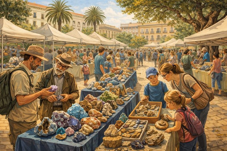 Ilustración artística de la Feria de Minerales de Castellón en la Plaça de l’Hort dels Corders con puestos de minerales y público