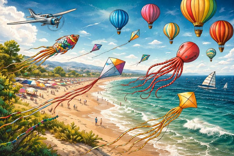 Ilustración artística del Festival del Viento de Castellón 2026 en la playa, con cometas gigantes volando sobre el mar Mediterráneo