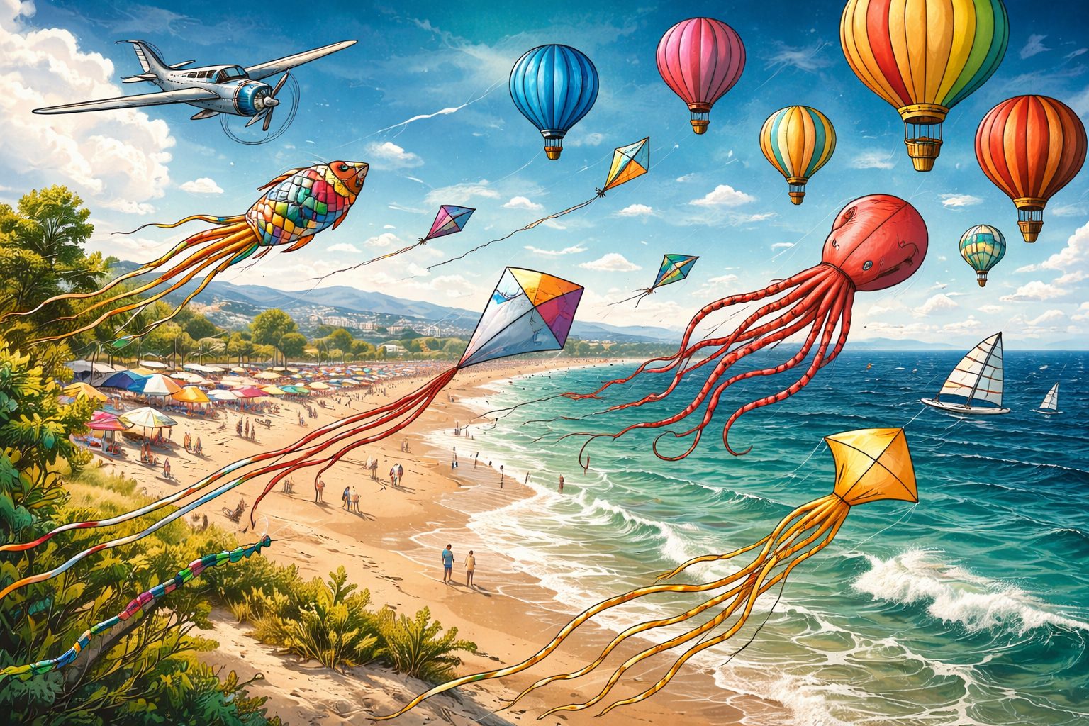 Ilustración artística del Festival del Viento de Castellón 2026 en la playa, con cometas gigantes volando sobre el mar Mediterráneo