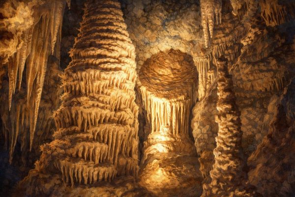 Ilustración artística del interior de las Grutas de Cristal de Molinos, con formaciones de estalactitas y estalagmitas en el Maestrazgo de Teruel