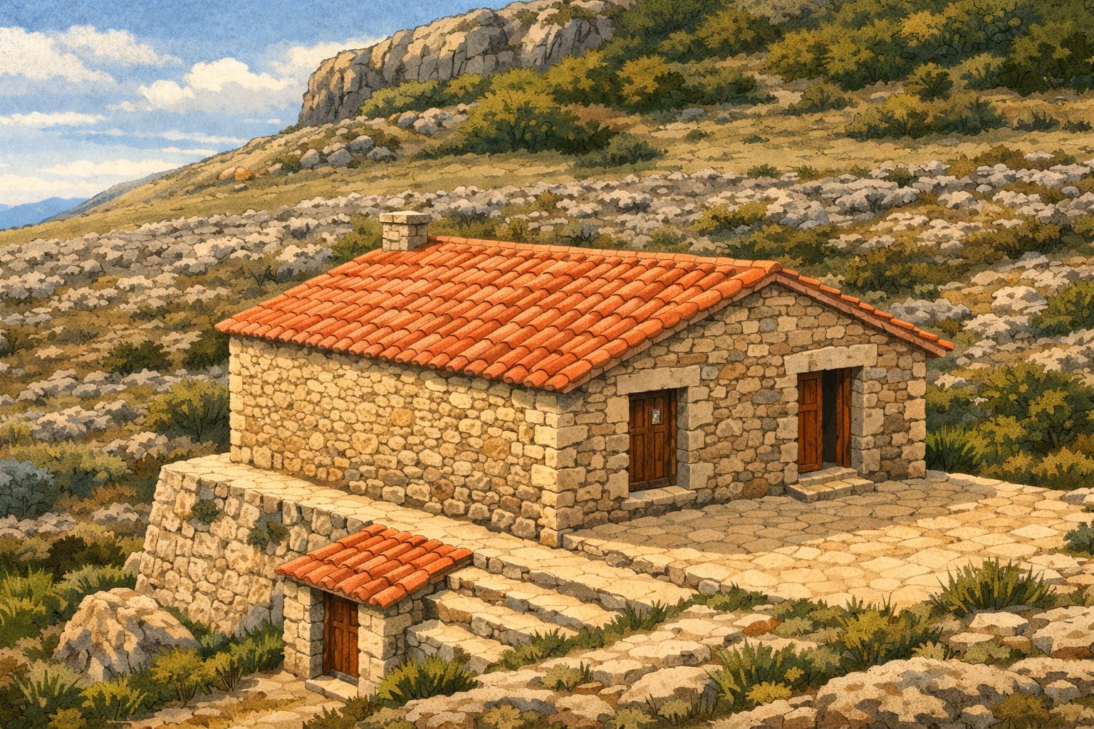 Nevera de la Font dels Regatxols en Ares del Maestrat, antigua construcción del siglo XVII usada para el comercio de la nieve, ilustración artística.