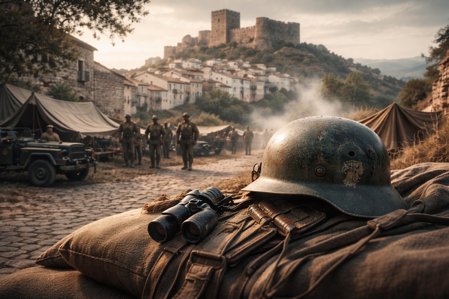 Ilustración artística de casco militar y campamento ambientado en una recreación histórica de la Segunda Guerra Mundial en Culla