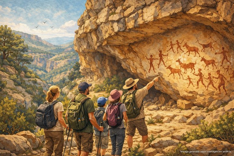 Ilustración artística de una ruta guiada por las pinturas rupestres del Barranco de la Gasulla, en un entorno natural del Maestrat