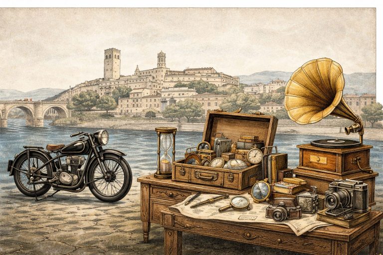 Ilustración artística que evoca la feria de antigüedades Tresorantic en Tortosa con objetos vintage y de coleccionismo
