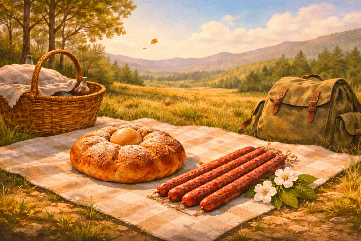 Almuerzo de Pascua en el Maestrat con mona tradicional y longaniza en un entorno de campo