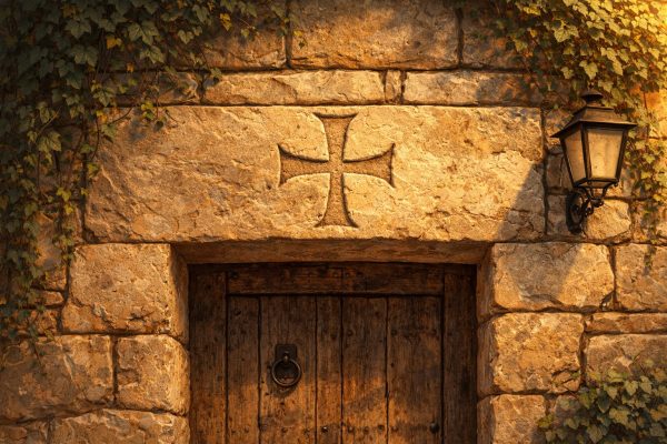 cruz grabada en piedra en dintel de puerta en el Maestrat ilustración