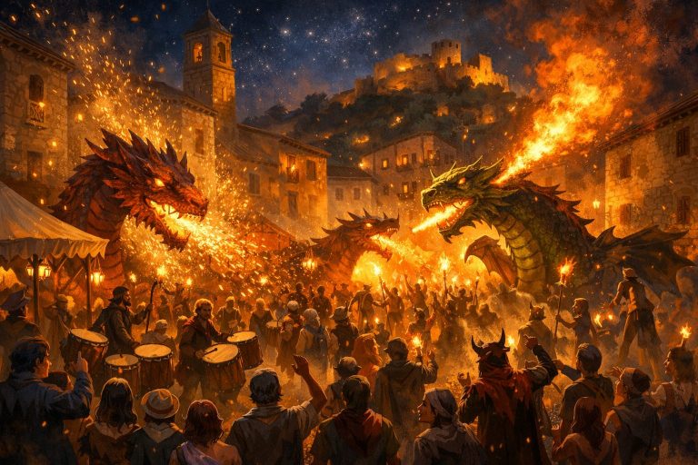 Encuentro de Dragones y Bestias de Fuego en Cervera del Maestre con dragones y correfocs recorriendo las calles del pueblo