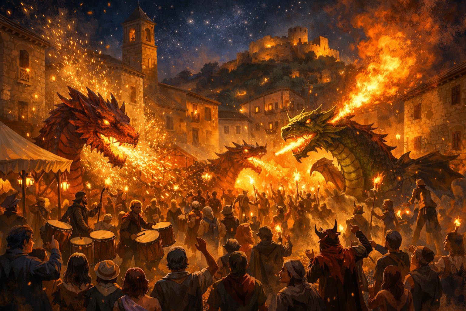 Encuentro de Dragones y Bestias de Fuego en Cervera del Maestre con dragones y correfocs recorriendo las calles del pueblo