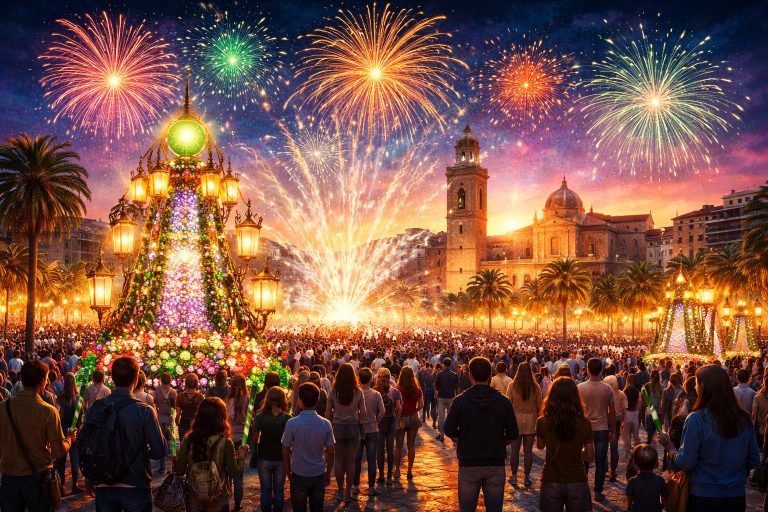 Ilustración artística de las Fiestas de la Magdalena en Castellón con gaiatas iluminadas y ambiente festivo nocturno