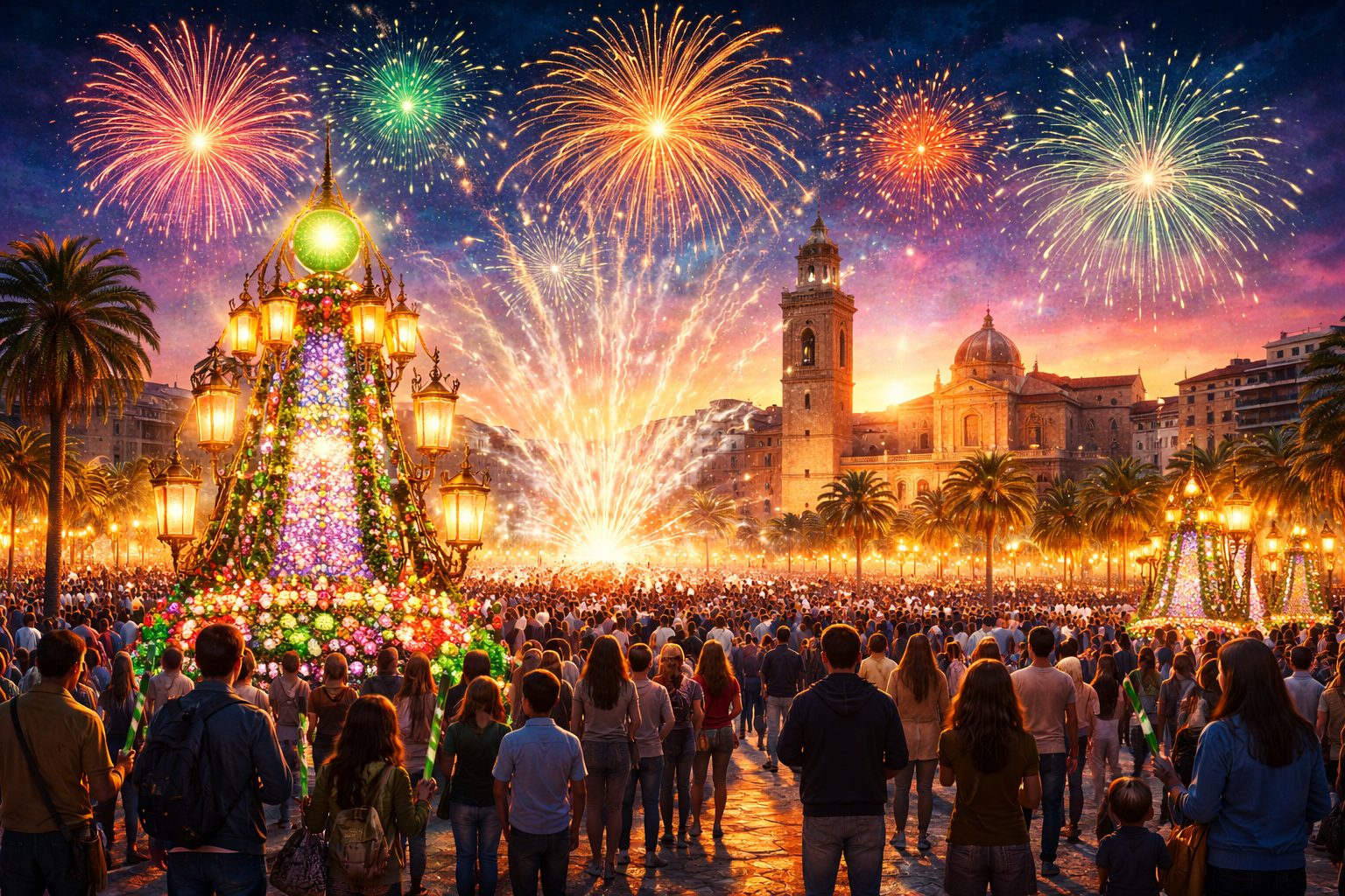 Ilustración artística de las Fiestas de la Magdalena en Castellón con gaiatas iluminadas y ambiente festivo nocturno