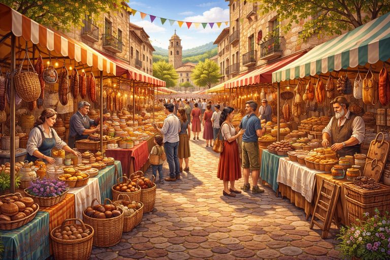 Calle de Rossell con puestos de artesanía y embutidos durante la Fira de Sant Josep