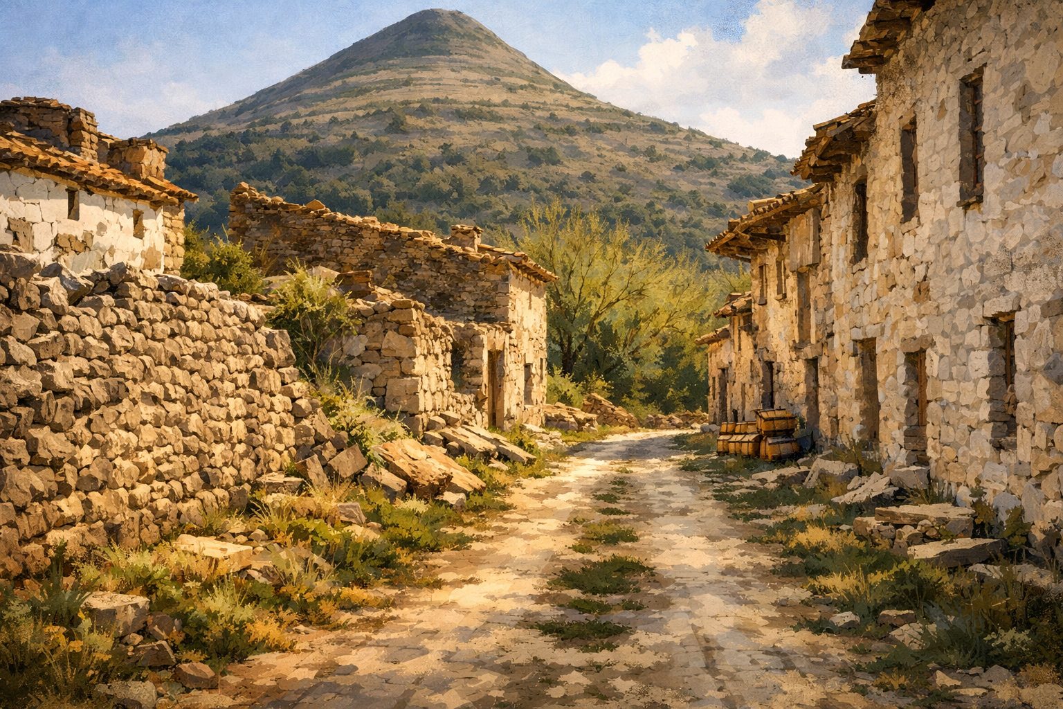 Ilustración del antiguo núcleo rural de Les Alberedes en Portell de Morella