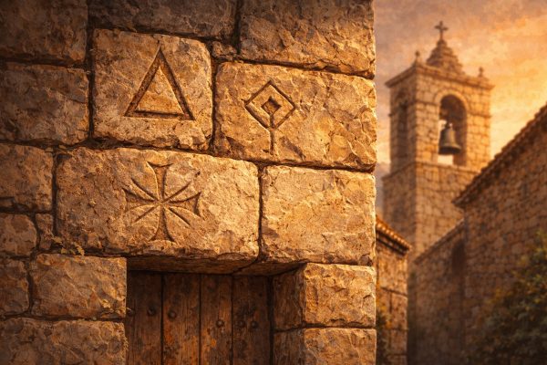 marcas de cantero grabadas en piedra en edificio del Maestrat ilustración