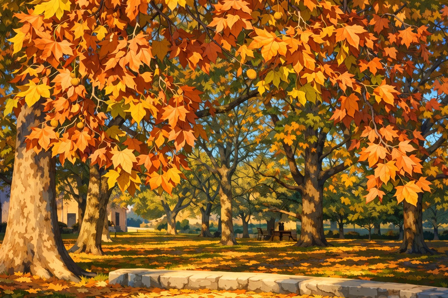 Plátanos de sombra en el Prat de Sant Pau cerca de Albocàsser en el interior del Maestrat