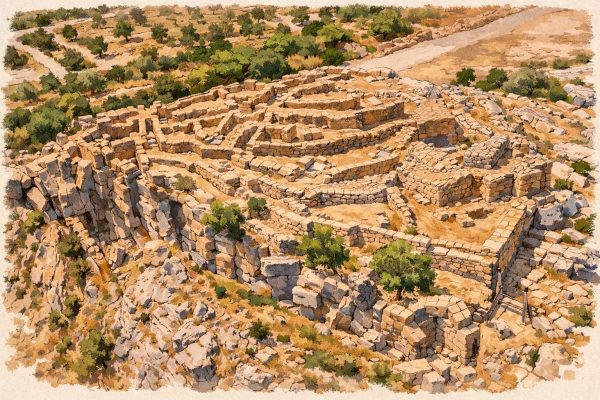 Ilustración del yacimiento ibérico del Puig de la Nau en Benicarló visto desde la colina