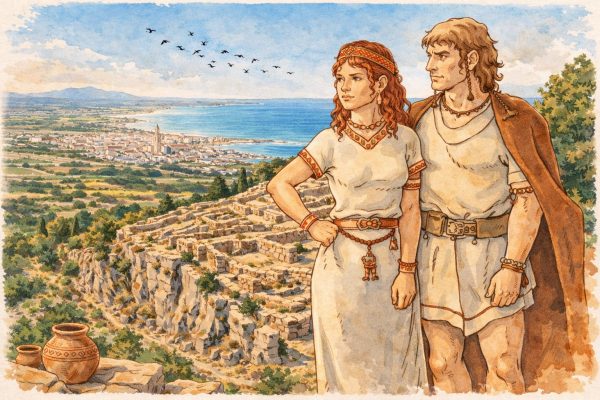 Ilustración artística de un hombre y una mujer íberos como representación histórica en la exposición del MUCBE en Benicarló