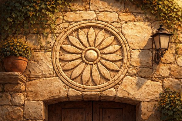 roseta solar grabada en piedra en fachada del Maestrat ilustración