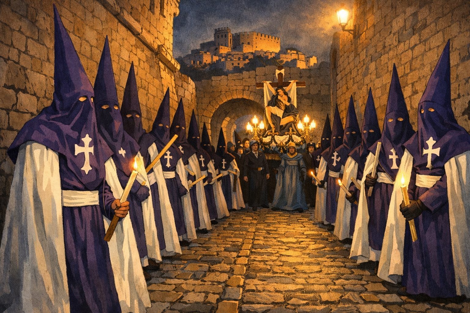 Procesión de Semana Santa en Peñíscola entre murallas y calles empedradas