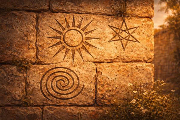 símbolos geométricos y estrella grabados en piedra en el Maestrat ilustración