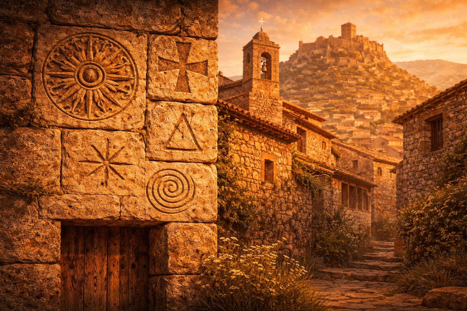 símbolos grabados en piedra en el Maestrat en fachada de pueblo antiguo ilustración