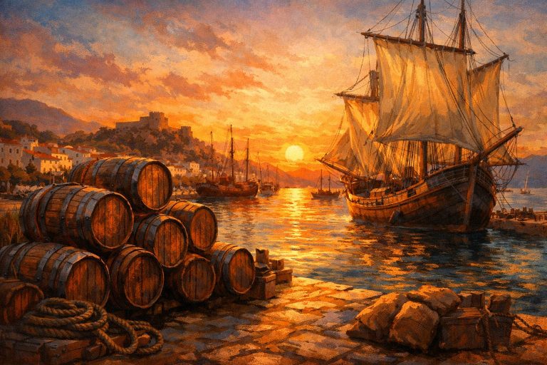 vino de Carlón en el puerto de Benicarló con barricas y barcos ilustración histórica