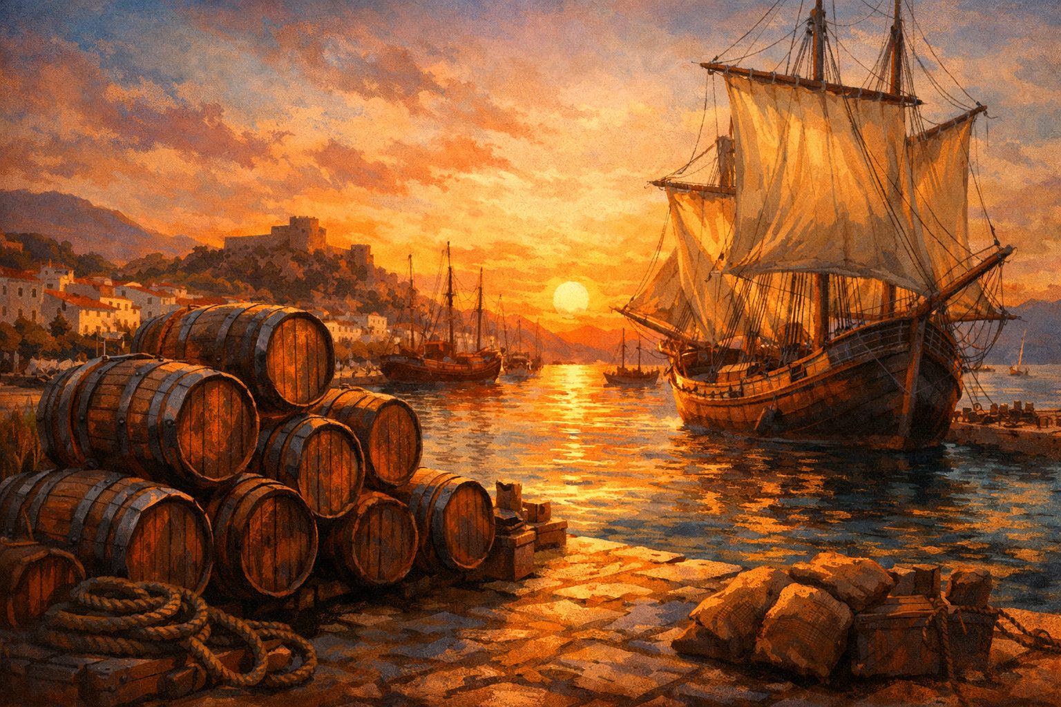 vino de Carlón en el puerto de Benicarló con barricas y barcos ilustración histórica