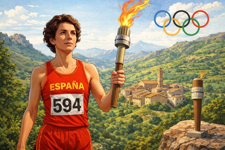 Carmen Valero y La Cuba ilustración atleta con antorcha olímpica en paisaje del Maestrazgo