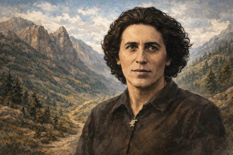 La Pastora de Vallibona ilustración inspirada en Teresa Pla Meseguer con paisaje de montaña de Els Ports