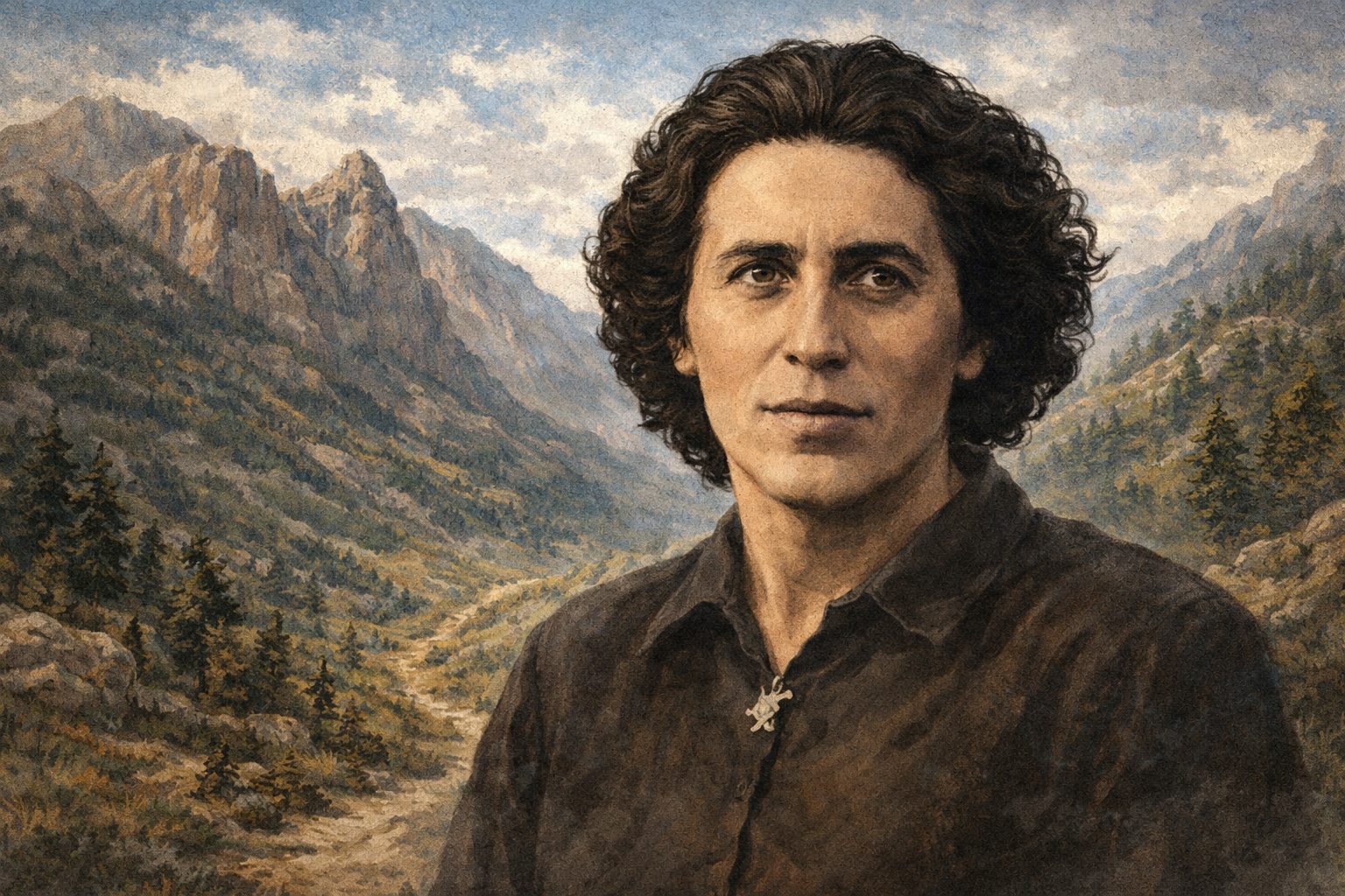 La Pastora de Vallibona ilustración inspirada en Teresa Pla Meseguer con paisaje de montaña de Els Ports