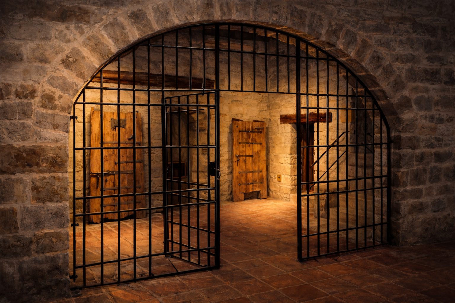 la cárcel de Morella ilustración del interior medieval con celdas y rejas bajo el ayuntamiento