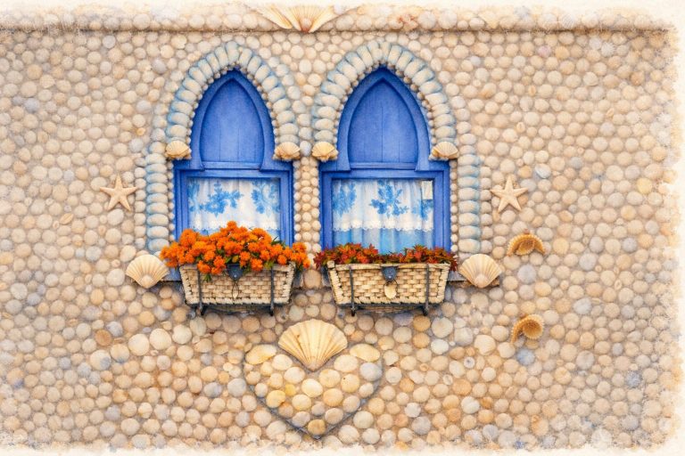 Ilustración de la Casa de las Conchas de Peñíscola con ventanas azules y fachada decorada con conchas marinas