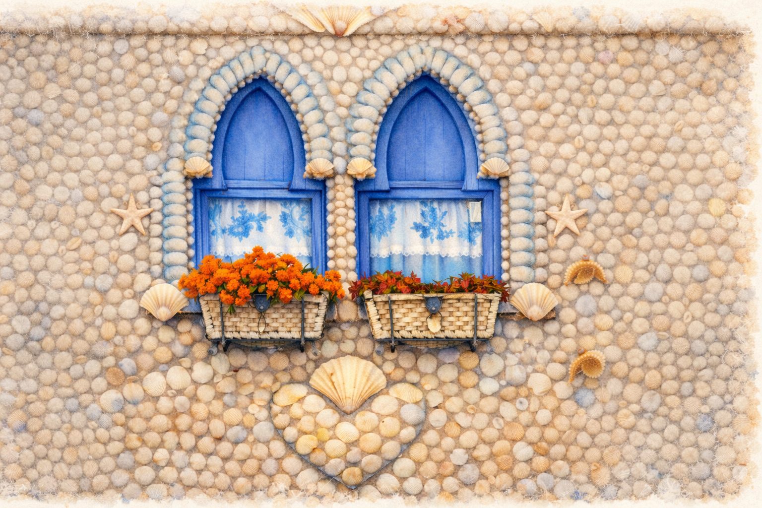 Ilustración de la Casa de las Conchas de Peñíscola con ventanas azules y fachada decorada con conchas marinas