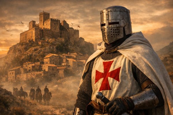 Cuando el Maestrat dependía de un Maestre ilustración medieval con caballero de la Orden de Montesa y castillo del Maestrat