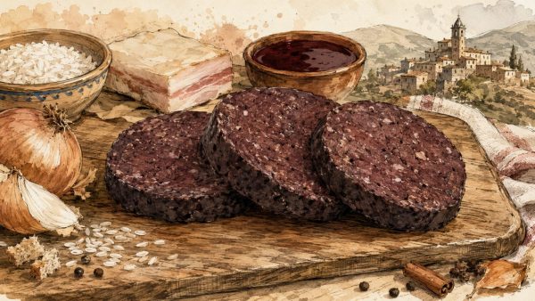 Ilustración artística del bolo de Castelló con ingredientes tradicionales