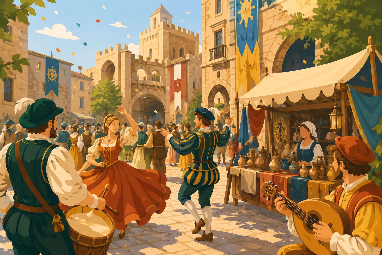 Ilustración artística de la Fiesta del Renacimiento de Tortosa 2026 con mercado de época, músicos y ambiente histórico.
