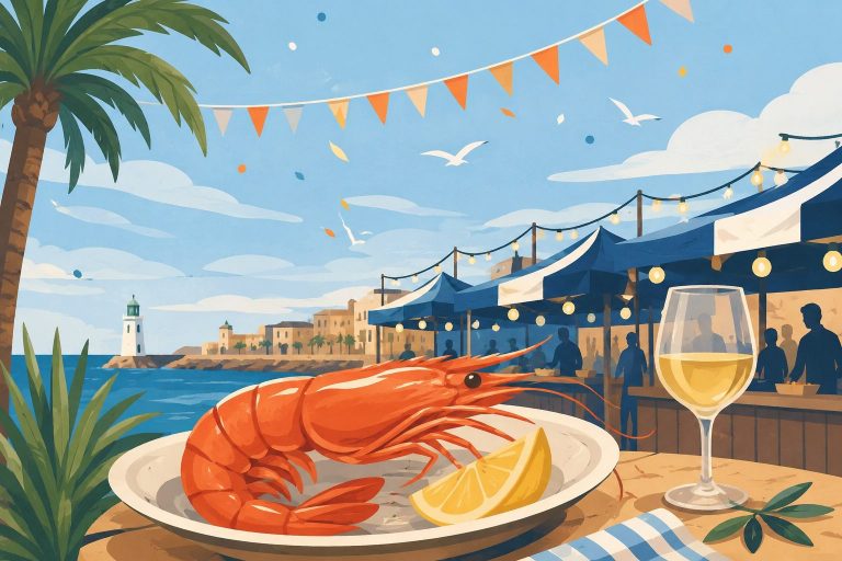 Ilustración artística del Gastrolangostino de Vinaròs con langostino, ambiente marinero y mercado gastronómico junto al mar