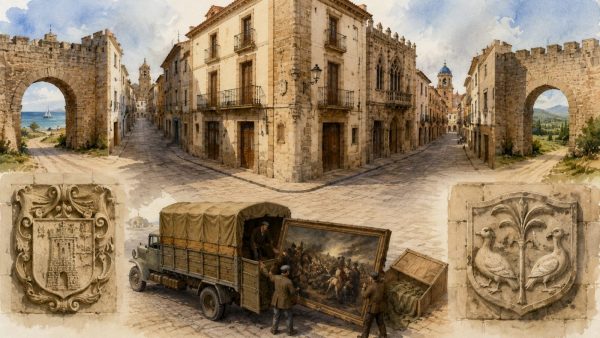 Quatre Cantons de Benicarló ilustración histórica con calles medievales y traslado de obras del Museo del Prado