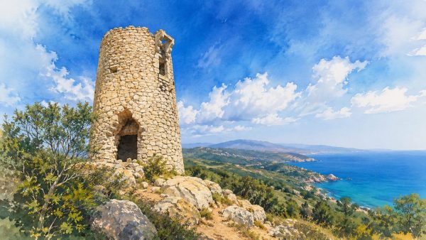 Torre Ebrí en la Sierra de Irta ilustración de torre defensiva vigilando el Mediterráneo