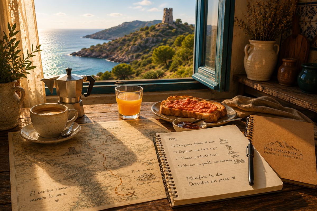 Mapa, cuaderno de viaje y desayuno frente al Mediterráneo para planificar una escapada por el Maestrat.