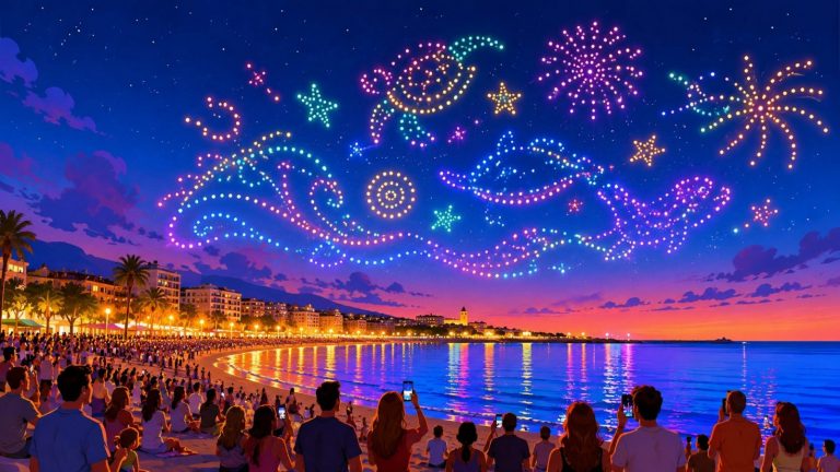 Ilustración artística de un espectáculo de drones sobre la playa del Morrongo en Benicarló
